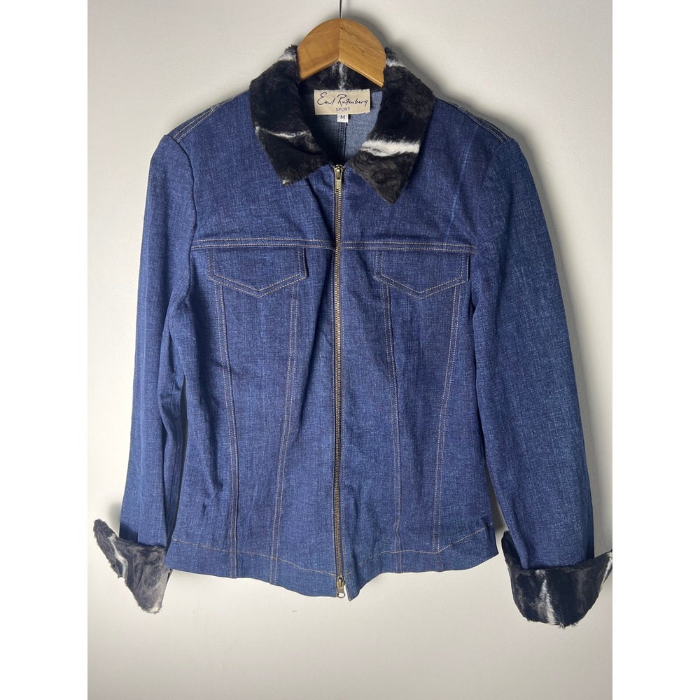 VTG USA Emil Rutenberg Denim Jacket Wm M Blue Faux Fur Trim Zip Up Y2K 90s Retro
